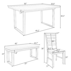 Prohon 60“L Rectangular Table with Strong Wood Legs, 4 Soft Comfort High Backrest Chairs and Upholstered Bench for 6, Minimalist Style Dining Set for Kitchen/Living Room/Apartments, Gray