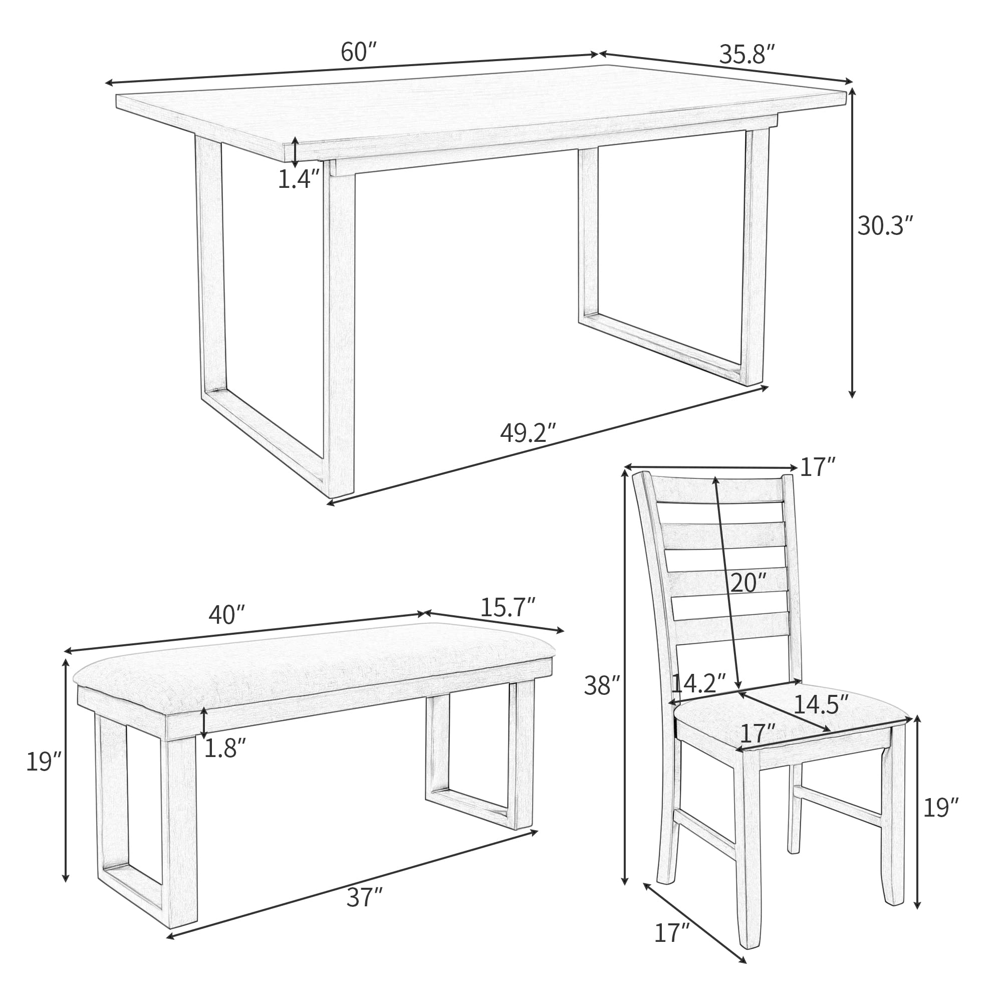 Prohon 60“L Rectangular Table with Strong Wood Legs, 4 Soft Comfort High Backrest Chairs and Upholstered Bench for 6, Minimalist Style Dining Set for Kitchen/Living Room/Apartments, Gray