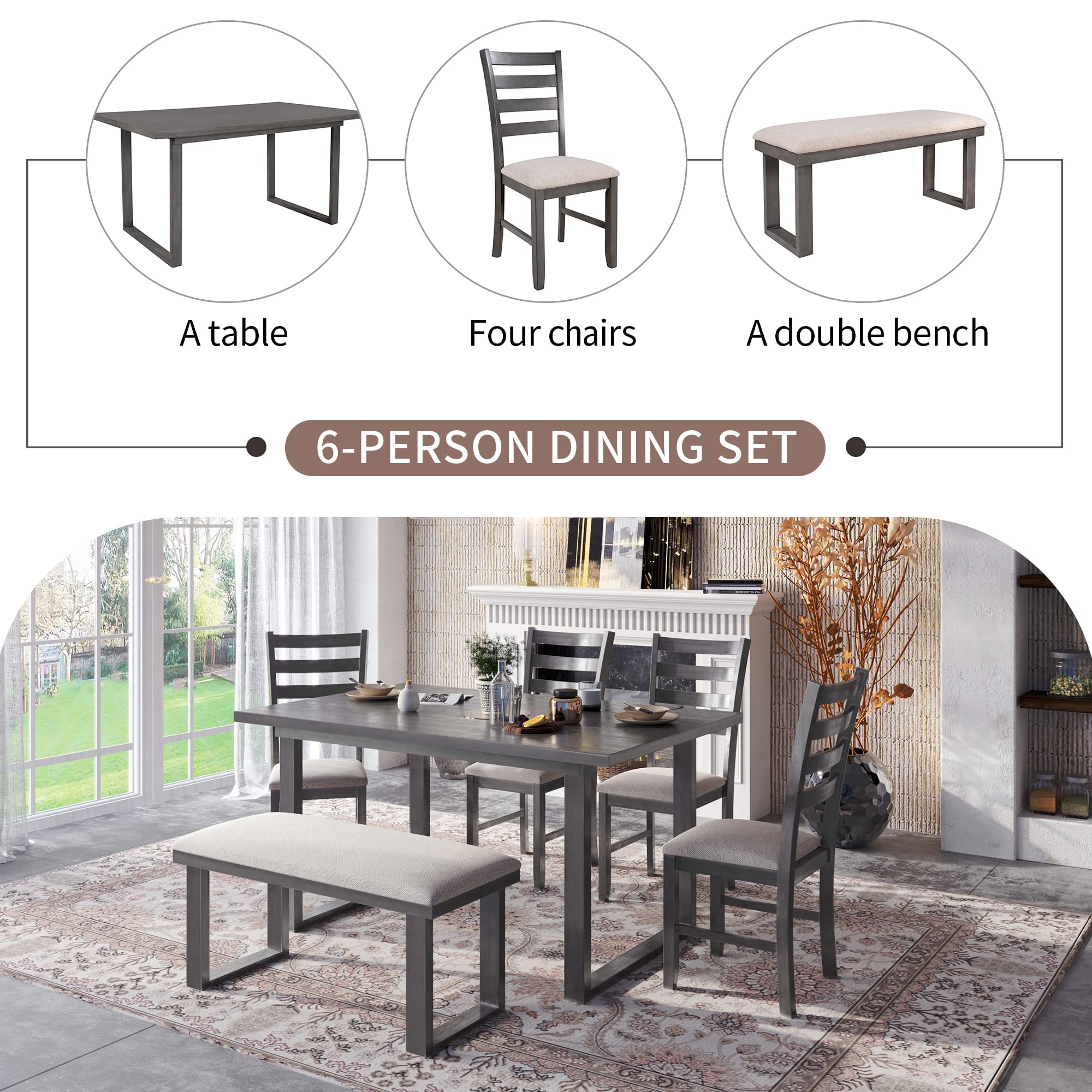 Prohon 60“L Rectangular Table with Strong Wood Legs, 4 Soft Comfort High Backrest Chairs and Upholstered Bench for 6, Minimalist Style Dining Set for Kitchen/Living Room/Apartments, Gray