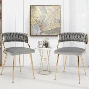 GOFLAME Velvet Dining Chairs Set of 4, Accent Upholstered Leisure Chairs with Gold Metal Legs, Sponge Filling Seats, Mid-Century Dining Side Chairs for Living Room, Dining Room, Bedroom, Gray