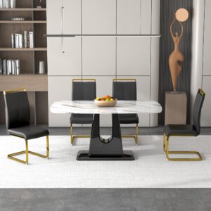 Pvillez Dining Table, Dining Table Set for 4 6, Faux Marble Tabletop Kitchen Dining Room Table Set with Dining Chairs Dinner Table U-Shaped (Table1+4pcs Black Chair)