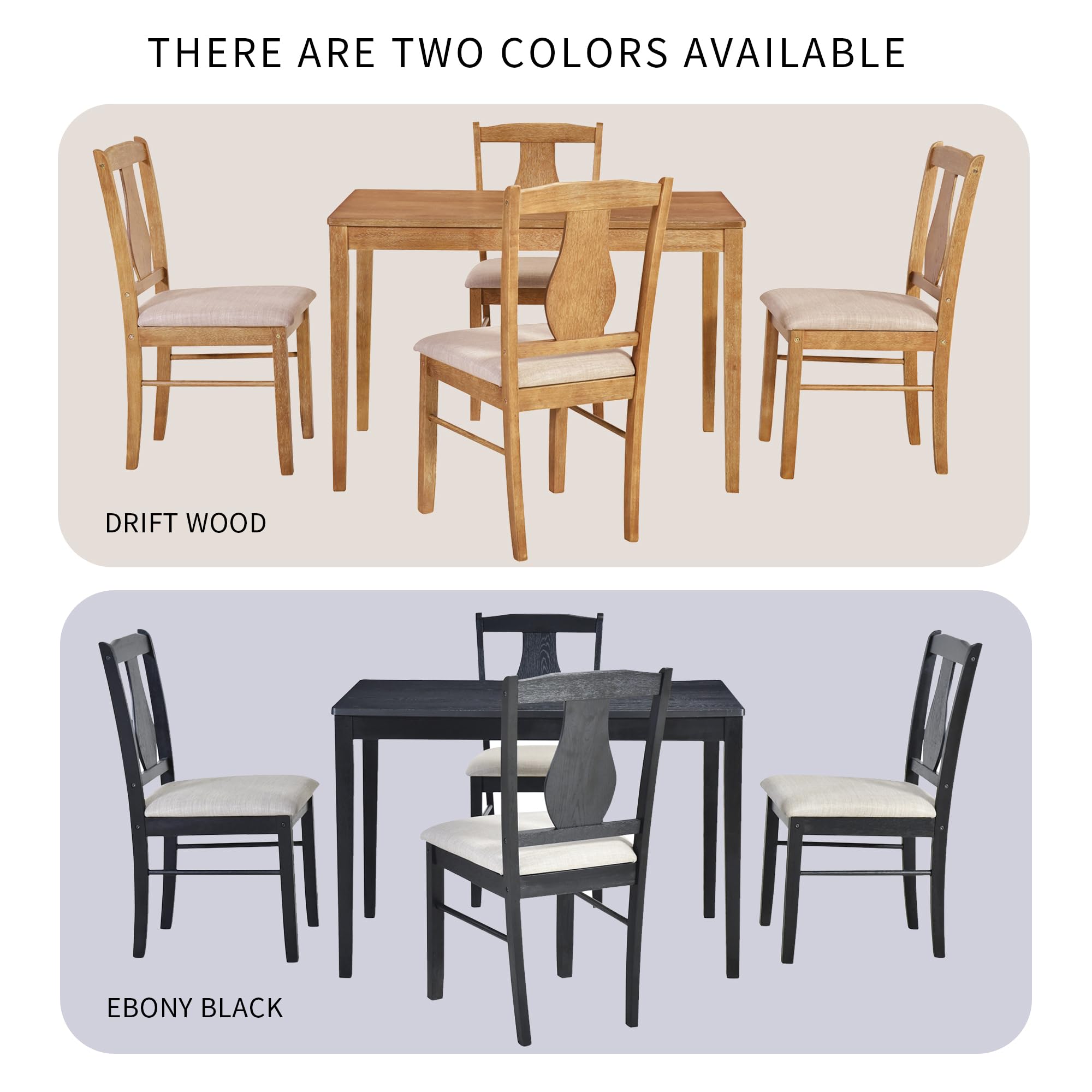 Retro 5-Piece Kitchen Dining Table Set, Wooden Rectangular Dining Table and 4 Upholstered Chairs, Solid Wood Family Breakfast Dining Set for 4 Persons, Kitchen Dining Room Furniture (Natural-A8)