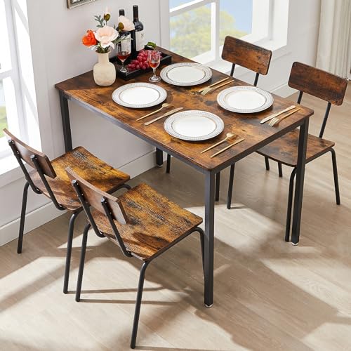 PKUGU Dining Table and Chair Set, Kitchen Table and Chairs for 4, Kitchen & Dining Room Tables, Farmhouse Kitchen Tables, Rectangle Dining Tables, 4 Chairs with Curved Back, Rustic Brown+Black