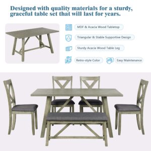 Prohon Wood 6 Piece Dining Set with 60" L Rectangular Table, Multifunctional Soft Bench and 4 X-Shaped Highback Chairs, Farmhouse Rustic Style Kitchen Furniture for Living Room/Apartments, Gray