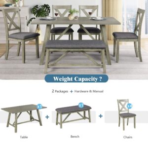 Prohon Wood 6 Piece Dining Set with 60" L Rectangular Table, Multifunctional Soft Bench and 4 X-Shaped Highback Chairs, Farmhouse Rustic Style Kitchen Furniture for Living Room/Apartments, Gray