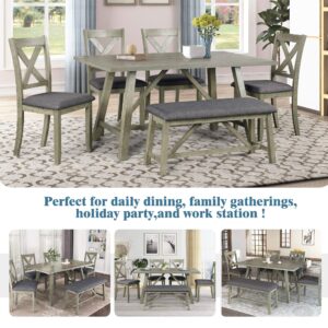 Prohon Wood 6 Piece Dining Set with 60" L Rectangular Table, Multifunctional Soft Bench and 4 X-Shaped Highback Chairs, Farmhouse Rustic Style Kitchen Furniture for Living Room/Apartments, Gray