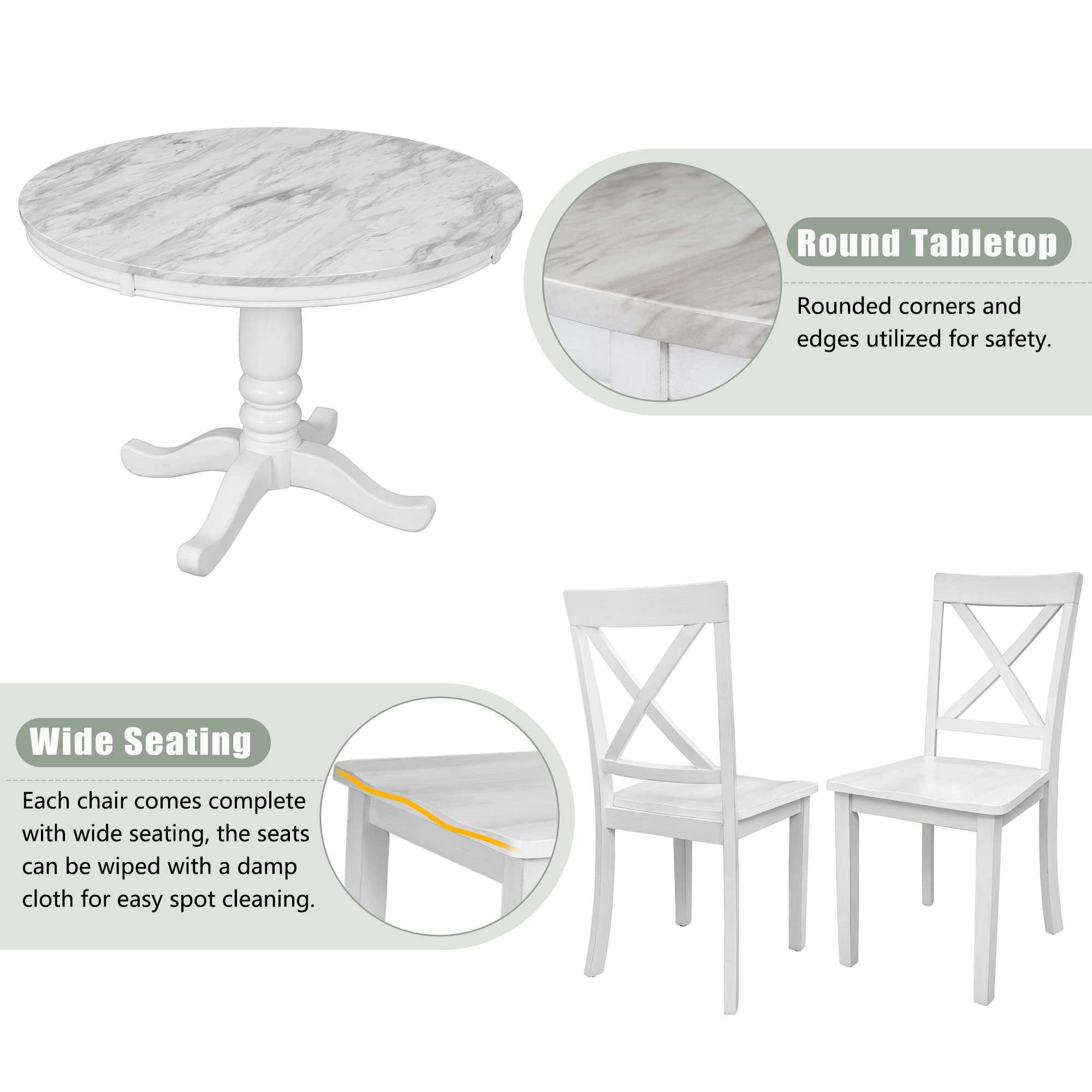 Goozio Round, Wood Kitchen 5 Pieces Table Set with 4 Chairs,for Dining Living Room,White