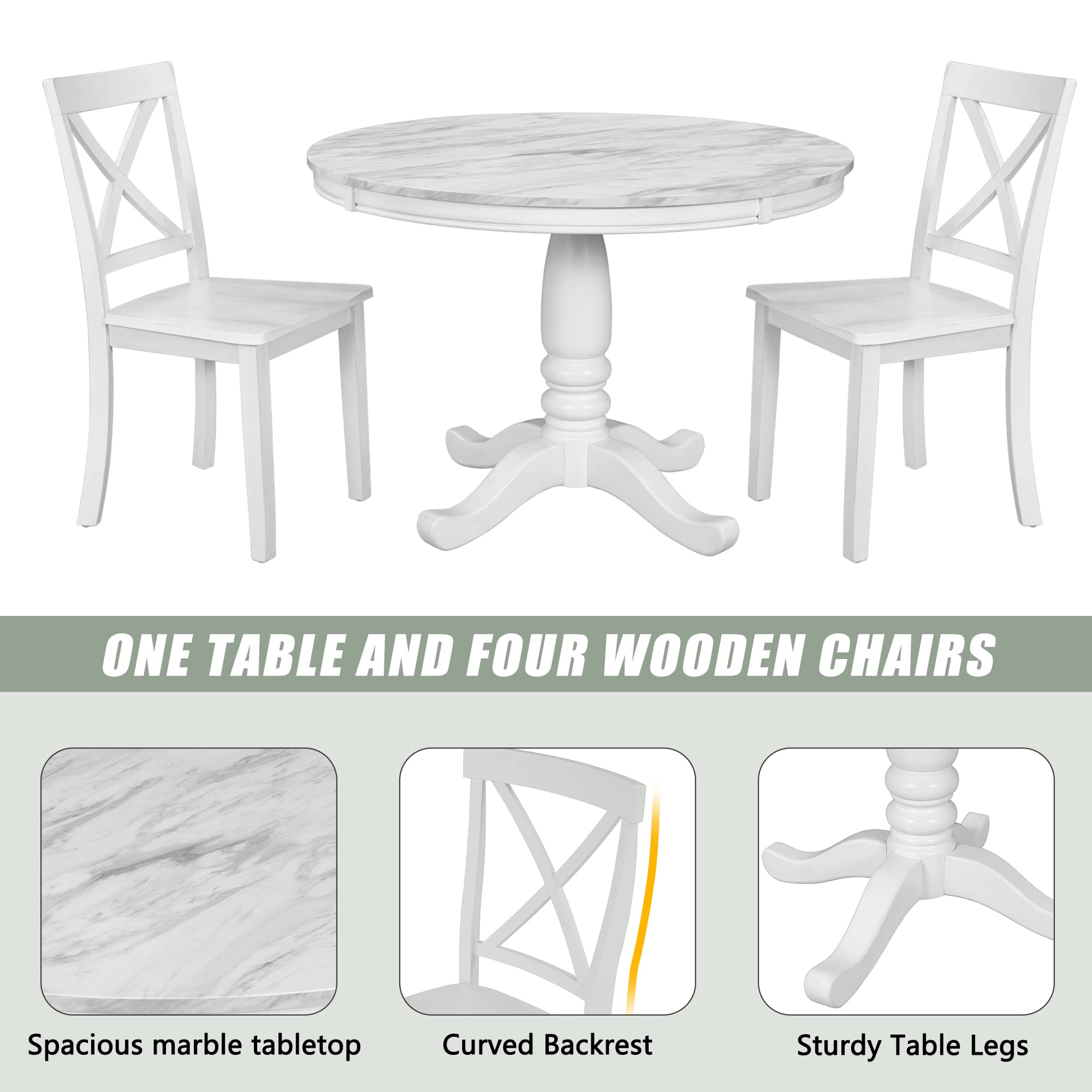 Goozio Round, Wood Kitchen 5 Pieces Table Set with 4 Chairs,for Dining Living Room,White