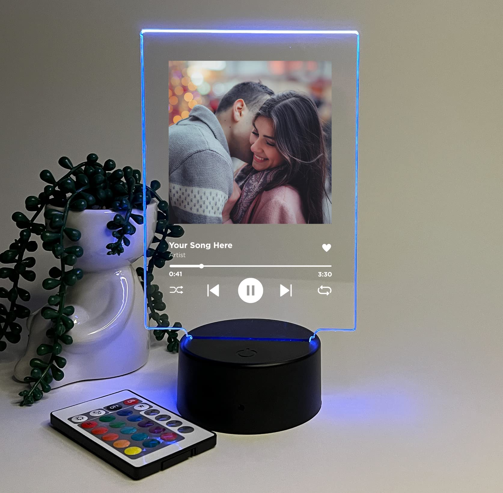 Custom Personalized Photo Song Framed Lyrics Music Scannable Code Album Cover Picture LED Light Up Stand Anniversary Wedding Couple Girlfriend Boyfriend Family Lamp 16 Color Options & Remote