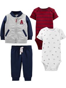 simple joys by carter's baby boys' 4-piece jacket, pant, and bodysuit set, grey/navy/red stripe/white sports, 0-3 months