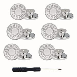 youoklight buttons for jeans, 17 mm no-sew nailess removable metal jeans buttons replacement repair combo thread rivets and screwdrivers, 12 silvery buttons, simple installation, reusable adjustable.