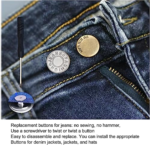 YouOKLight Buttons for Jeans, 17 mm no-sew nailess Removable Metal Jeans Buttons Replacement Repair Combo Thread Rivets and Screwdrivers, 12 Silvery Buttons, Simple Installation, Reusable Adjustable.