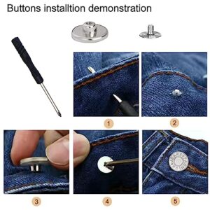 YouOKLight Buttons for Jeans, 17 mm no-sew nailess Removable Metal Jeans Buttons Replacement Repair Combo Thread Rivets and Screwdrivers, 12 Silvery Buttons, Simple Installation, Reusable Adjustable.