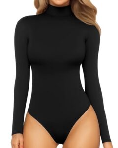 mangopop women's mock turtle neck long sleeve tops bodysuit jumpsuit (a long sleeve black, small)