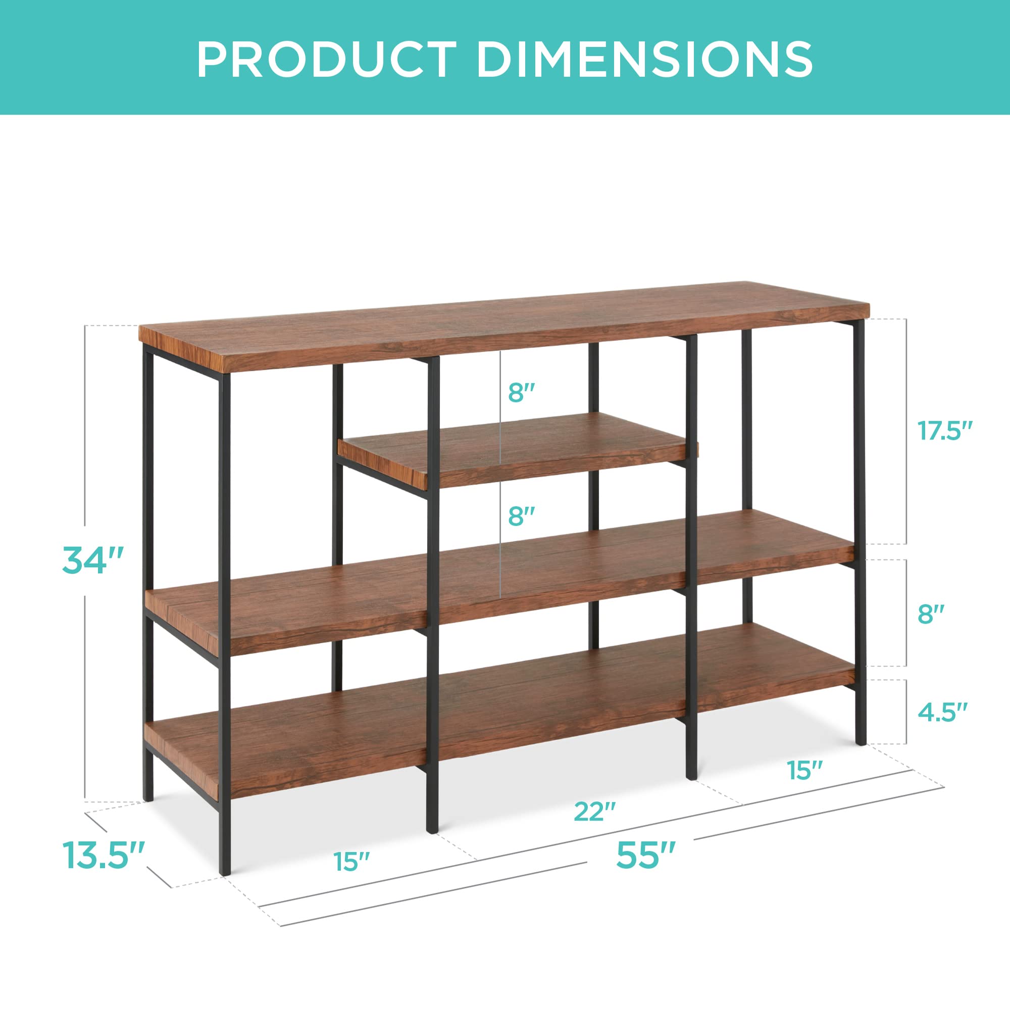 Best Choice Products Large Console Table, 4-Tier 55in Rustic, Industrial Sofa Table Storage for Living Room, Entryway, Foyer, Hallway w/EVA Non-Scratch Feet, Steel Frame - Brown