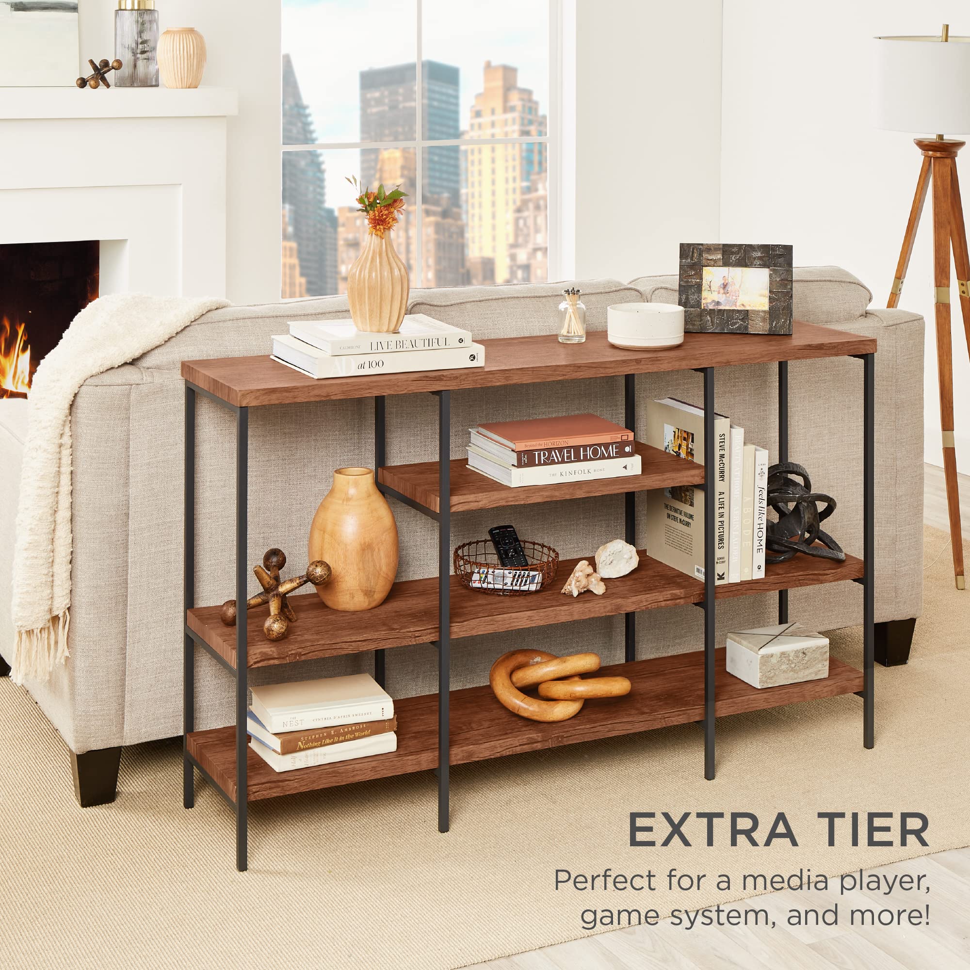 Best Choice Products Large Console Table, 4-Tier 55in Rustic, Industrial Sofa Table Storage for Living Room, Entryway, Foyer, Hallway w/EVA Non-Scratch Feet, Steel Frame - Brown