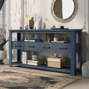 hzxinkedzsw vintage multifunction console table,62.2'' modern sofa table with 4 drawers and 2 storage shelves,wooden buffet sideboard for hallway,entryway,bedroom,living room (navy blue+ 4 drawers)