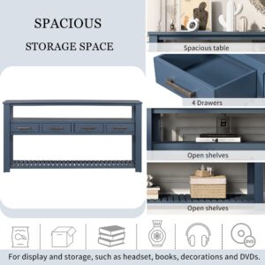 HZXINKEDZSW Vintage Multifunction Console Table,62.2'' Modern Sofa Table with 4 Drawers and 2 Storage Shelves,Wooden Buffet Sideboard for Hallway,Entryway,Bedroom,Living Room (Navy Blue+ 4 Drawers)