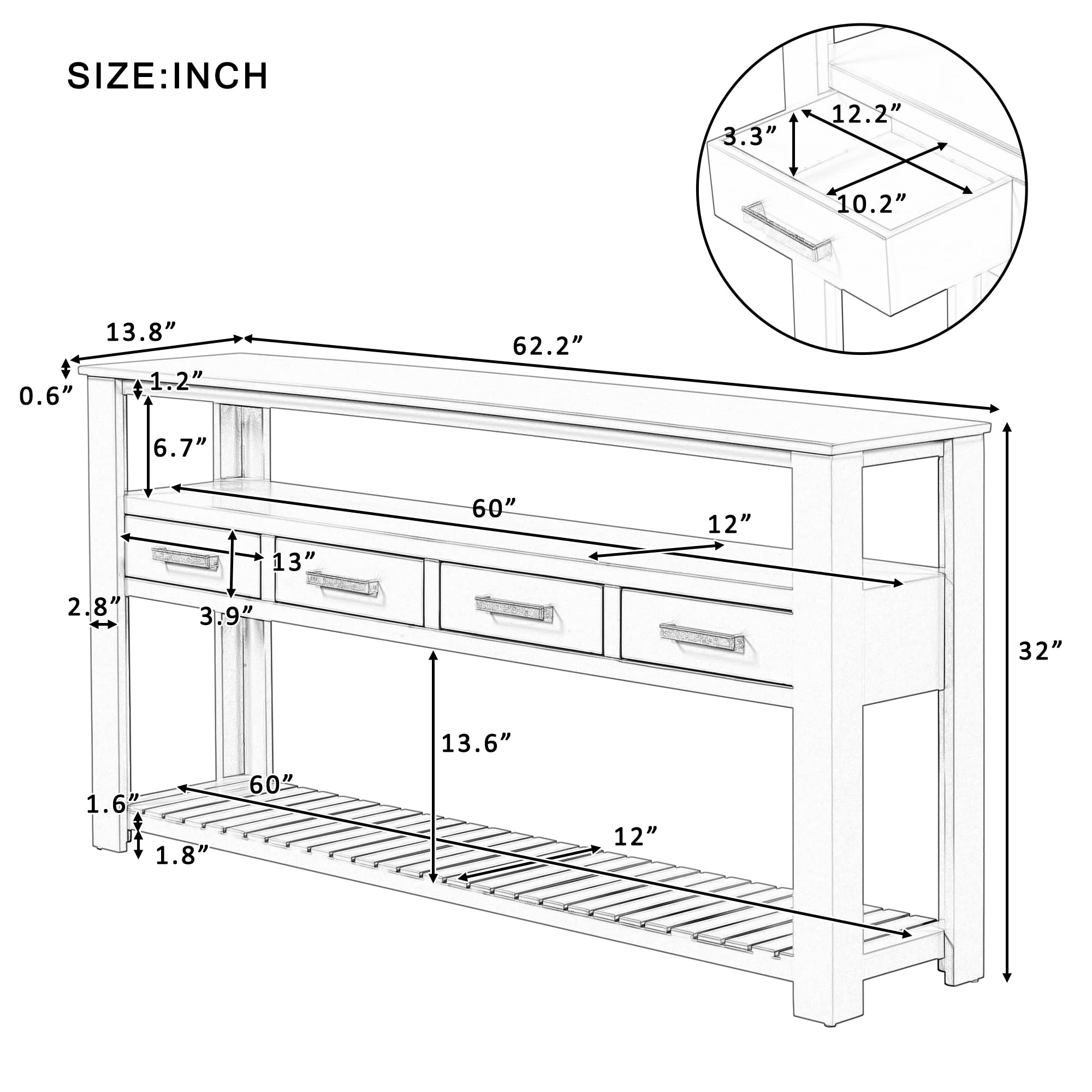 HZXINKEDZSW Vintage Multifunction Console Table,62.2'' Modern Sofa Table with 4 Drawers and 2 Storage Shelves,Wooden Buffet Sideboard for Hallway,Entryway,Bedroom,Living Room (Navy Blue+ 4 Drawers)