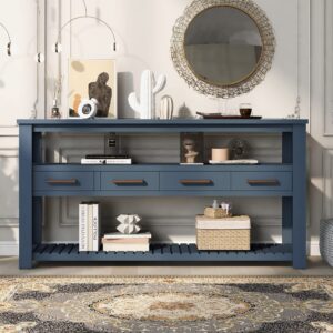 HZXINKEDZSW Vintage Multifunction Console Table,62.2'' Modern Sofa Table with 4 Drawers and 2 Storage Shelves,Wooden Buffet Sideboard for Hallway,Entryway,Bedroom,Living Room (Navy Blue+ 4 Drawers)