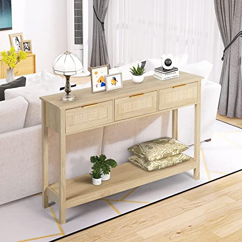 LAZZO Rattan Console Table Boho Entryway Table Narrow Long Sofa Table Hallway Foyer Table Behind Couch Table with 3 Drawers and Open Storage Shelf for Living Room and Corridor Natural Wood