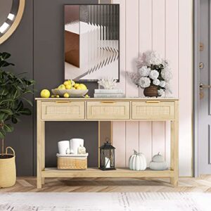 LAZZO Rattan Console Table Boho Entryway Table Narrow Long Sofa Table Hallway Foyer Table Behind Couch Table with 3 Drawers and Open Storage Shelf for Living Room and Corridor Natural Wood