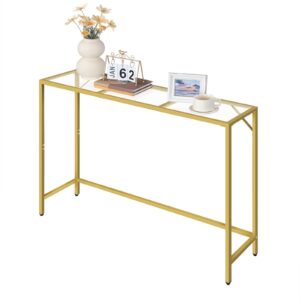 MAHANCRIS Console Table, 40.2” Modern Sofa Table, Tempered Glass Hallway Table, Slim Couch Table, Narrow Sofa Table with Metal Frame, Easy to Install, for Entryway, Living Room, Gold CTJ101B01