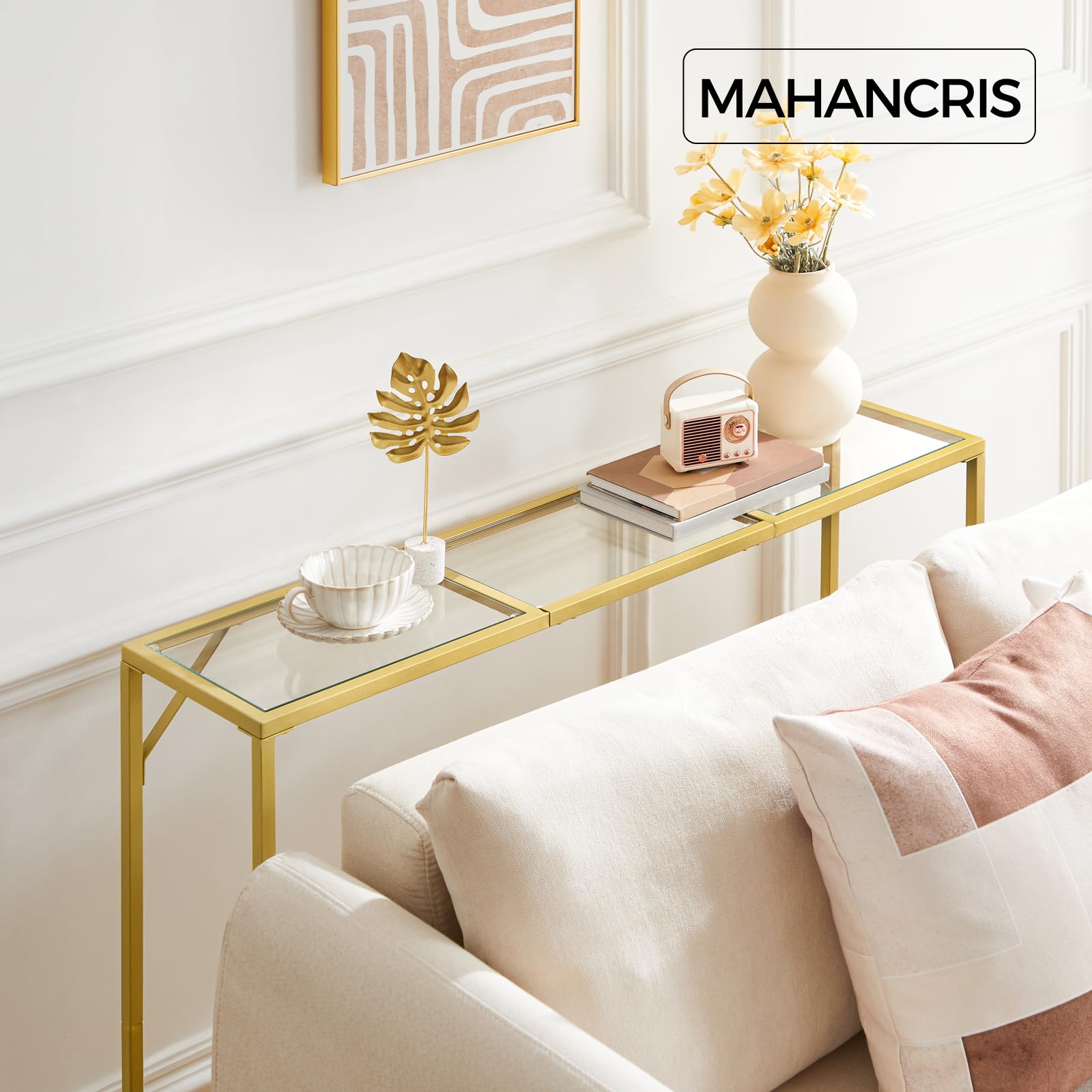 MAHANCRIS Console Table, 40.2” Modern Sofa Table, Tempered Glass Hallway Table, Slim Couch Table, Narrow Sofa Table with Metal Frame, Easy to Install, for Entryway, Living Room, Gold CTJ101B01