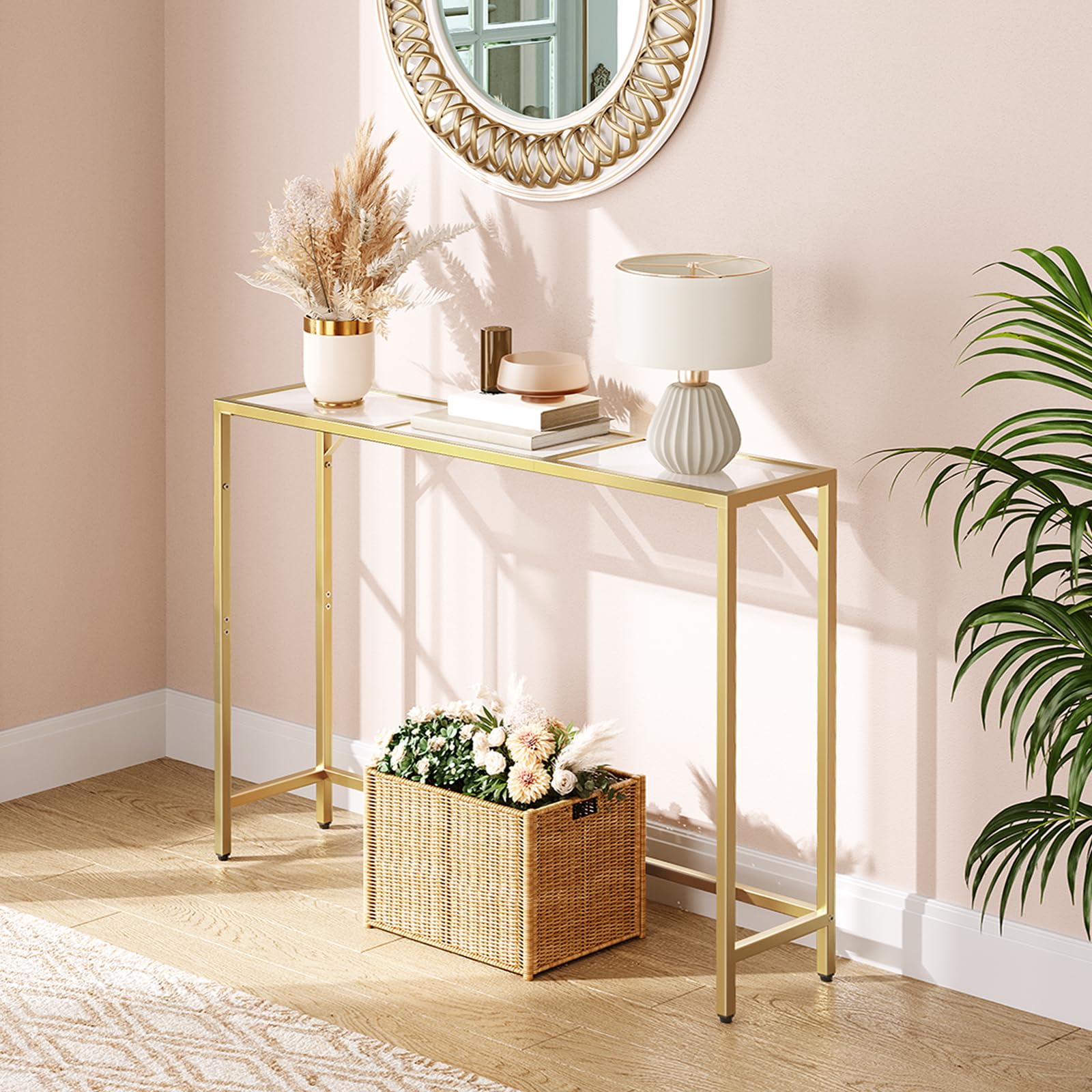 MAHANCRIS Console Table, 40.2” Modern Sofa Table, Tempered Glass Hallway Table, Slim Couch Table, Narrow Sofa Table with Metal Frame, Easy to Install, for Entryway, Living Room, Gold CTJ101B01