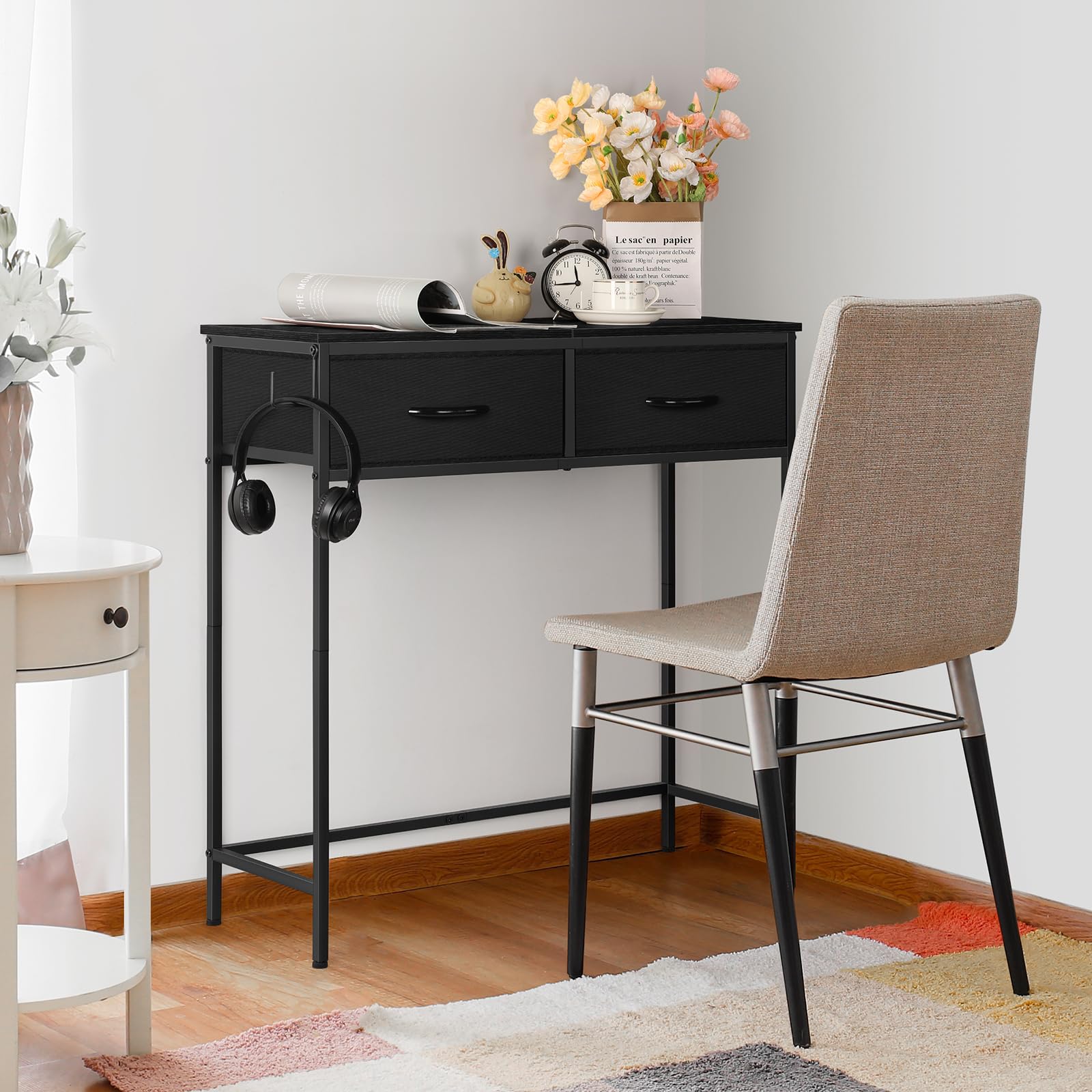 Console Table with 2 Drawers, 31.5 inches Small Entryway Table with Storage, Black Narrow Modern Sofa Table with Hooks and Fabric Drawers for Living Room Foyer Bedroom Corridor Office, Industrial