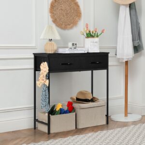 Console Table with 2 Drawers, 31.5 inches Small Entryway Table with Storage, Black Narrow Modern Sofa Table with Hooks and Fabric Drawers for Living Room Foyer Bedroom Corridor Office, Industrial