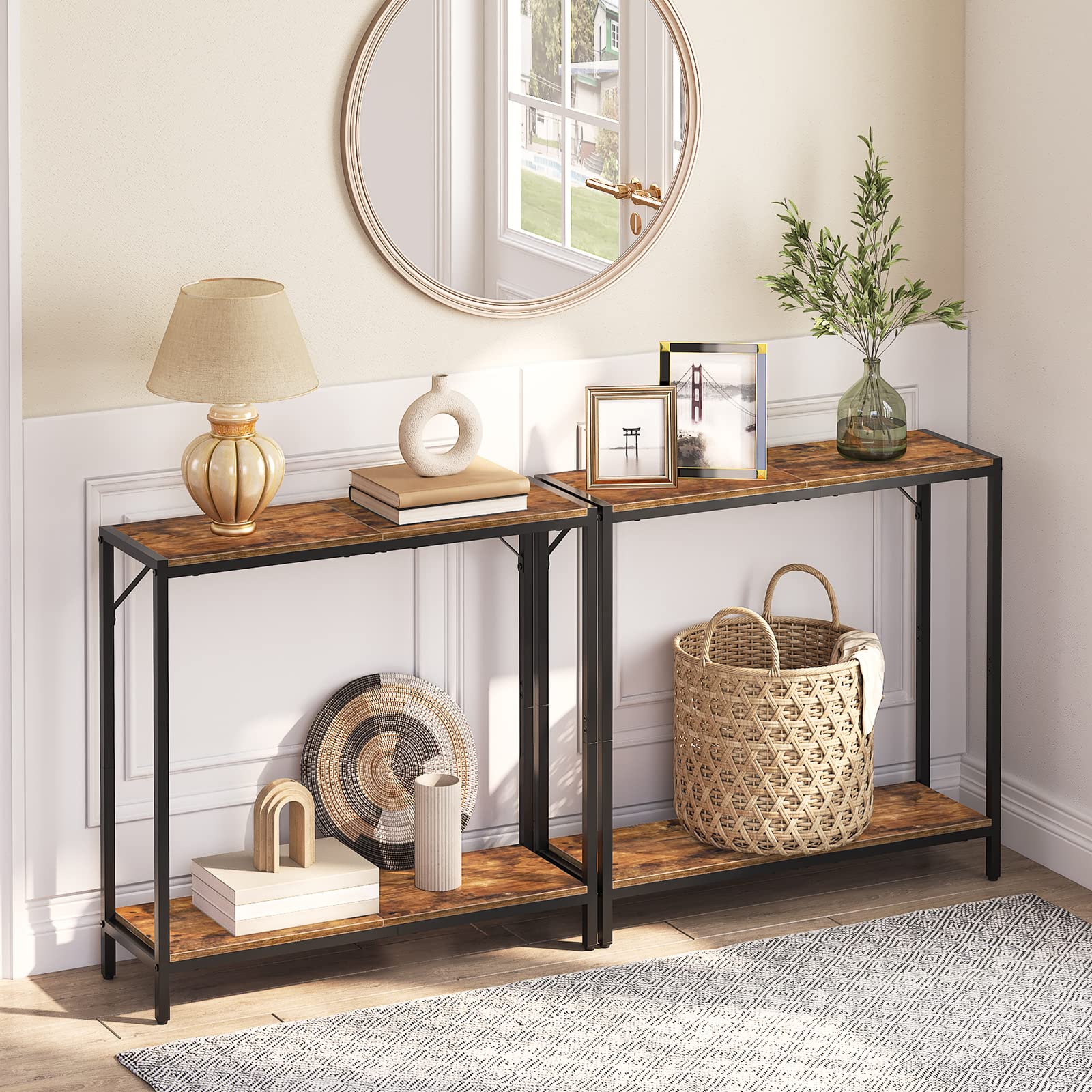 MAHANCRIS Console Table, 2-Tier Entrance Table, Behind Sofa Table, Industrial Style, Sturdy and Stable, for Living Room, Entryway, Foyer, Corridor, Office, Rustic Brown and Black CTHR27601