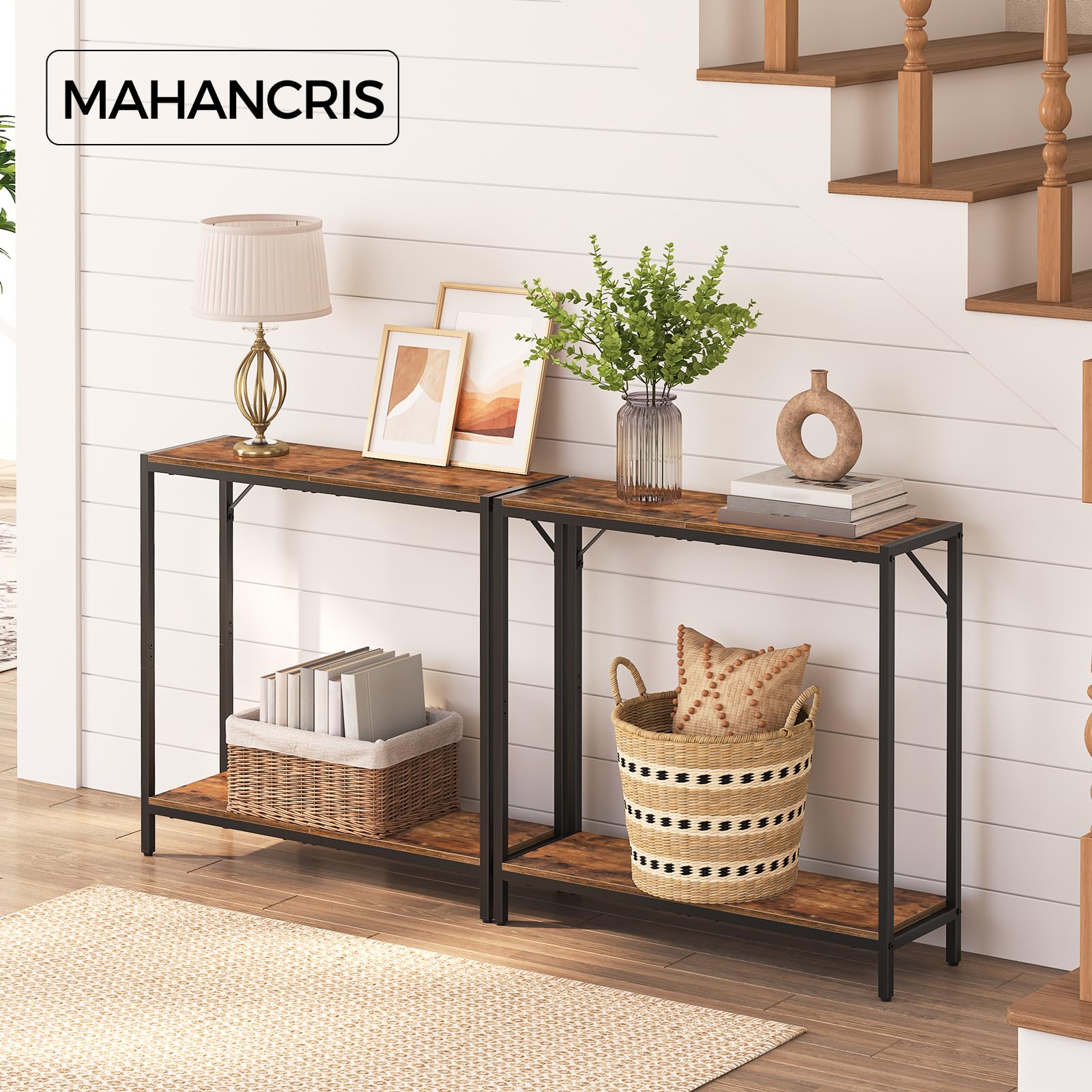 MAHANCRIS Console Table, 2-Tier Entrance Table, Behind Sofa Table, Industrial Style, Sturdy and Stable, for Living Room, Entryway, Foyer, Corridor, Office, Rustic Brown and Black CTHR27601