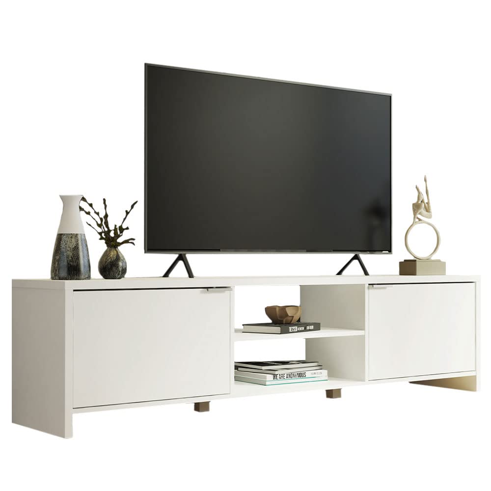 Madesa TV Stand for TV's up to 80 inches, 71 inch, TV Table with Cable Management, Wooden, 18'' H x 15'' D x 71'' L - White