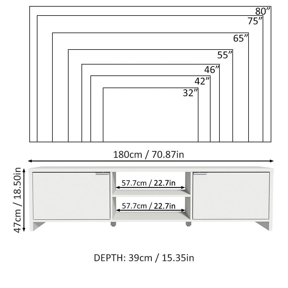 Madesa TV Stand for TV's up to 80 inches, 71 inch, TV Table with Cable Management, Wooden, 18'' H x 15'' D x 71'' L - White