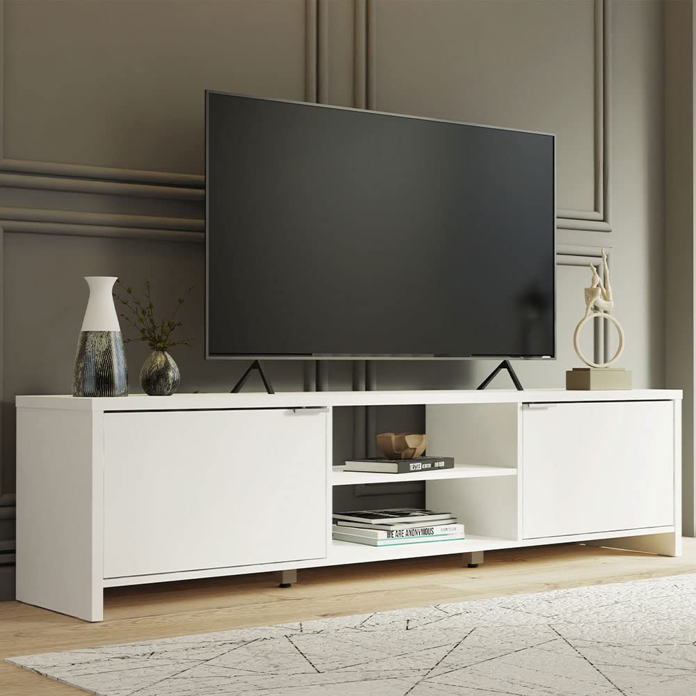 Madesa TV Stand for TV's up to 80 inches, 71 inch, TV Table with Cable Management, Wooden, 18'' H x 15'' D x 71'' L - White