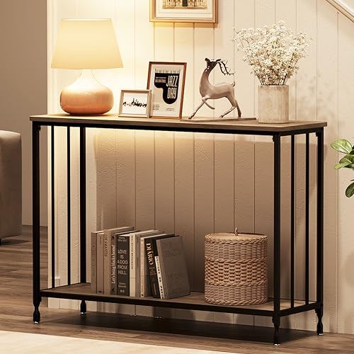 IDEALHOUSE Console Table, Sofa Tables Narrow Entryway Table with Glass Shelf and Metal Frame, 41.5" Behind Couch Table Industrial Hallway Table for Living Room, Foyer, Bedroom, Rustic Grey