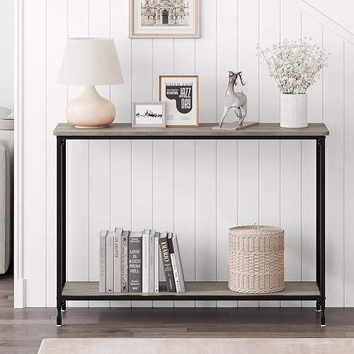 IDEALHOUSE Console Table, Sofa Tables Narrow Entryway Table with Glass Shelf and Metal Frame, 41.5" Behind Couch Table Industrial Hallway Table for Living Room, Foyer, Bedroom, Rustic Grey