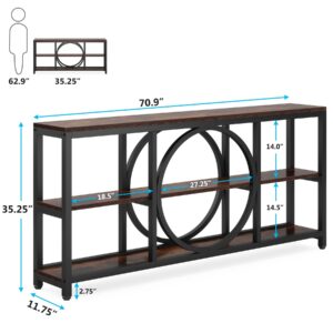 Tribesigns Extra Long Console Table, 70.9 inch Narrow Sofa Tables with 3 Tier Wood Storage Shelves Industrial Metal Frame for Entryway Hallway Living Room Behind Couch, Rustic Brown Black