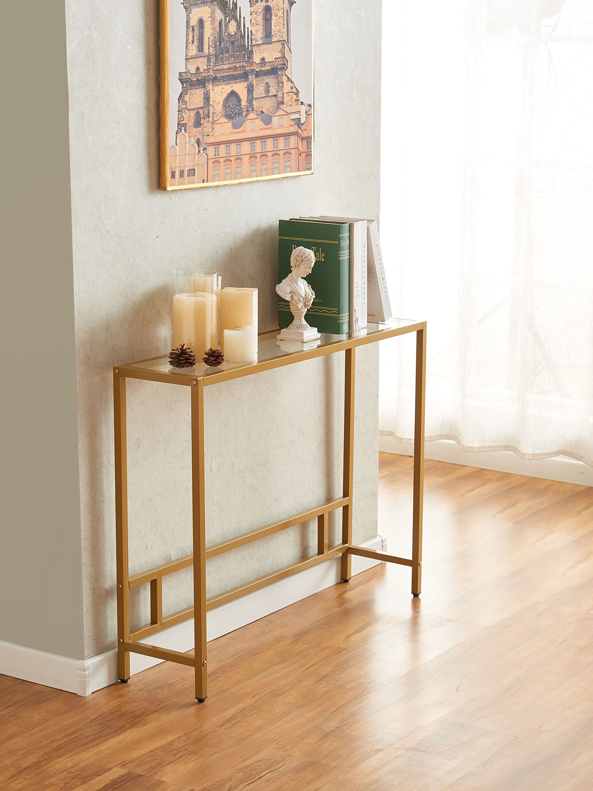 MAJARO Small Modern Console Table for Entryway, Tempered Glass with Golden Metal Frame Sofa Table for Living Room, Hallway, Office