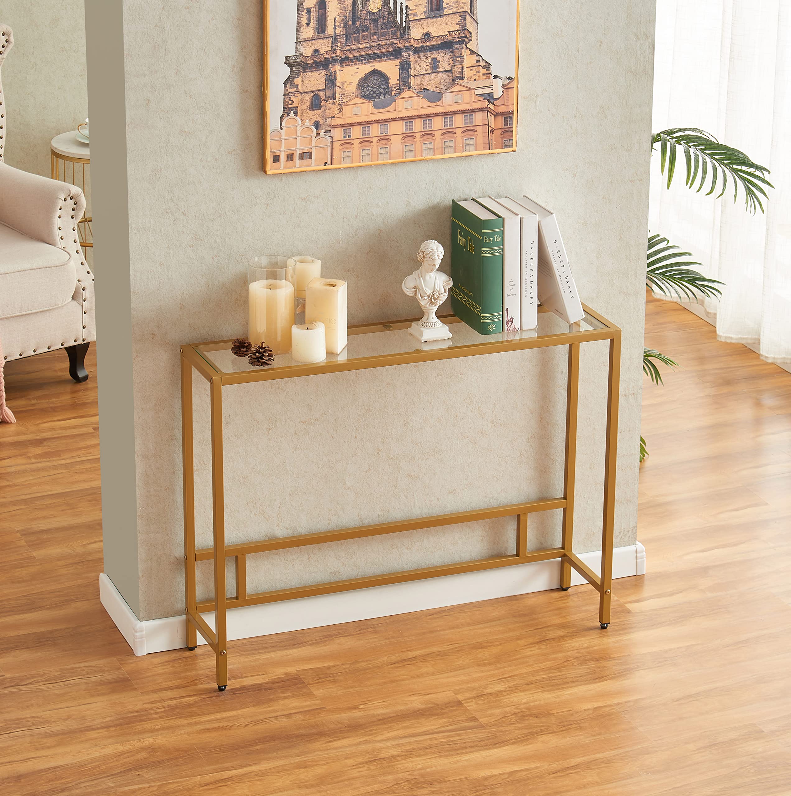 MAJARO Small Modern Console Table for Entryway, Tempered Glass with Golden Metal Frame Sofa Table for Living Room, Hallway, Office