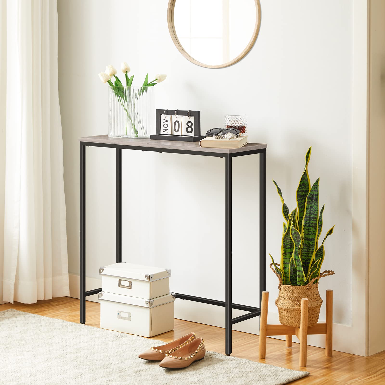 HOOBRO Narrow Console Table, 29.5" Small Entryway Table, Thin Sofa Table, Side Table, Display Table, for Hallway, Bedroom, Living Room, Foyer, Greige and Black BG75XG01