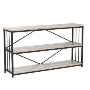 LVB Farmhouse Industrial Console Table, Wood Metal Foyer Entryway Sofa Tables with Storage, 3 Tier Long Rustic Entry Table TV Stand with Shelves for Home Living Room Hallway, Light Grey Oak, 55 Inch