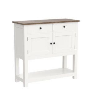 HOSTACK Farmhouse Console Table with 2-Door Cabinet & 2 Drawers, Coffee Bar, Entryway Table with Storage Shelf, Sofa Tables Buffet Sideboard for Kitchen, Hallway, Dining, Living Room, White