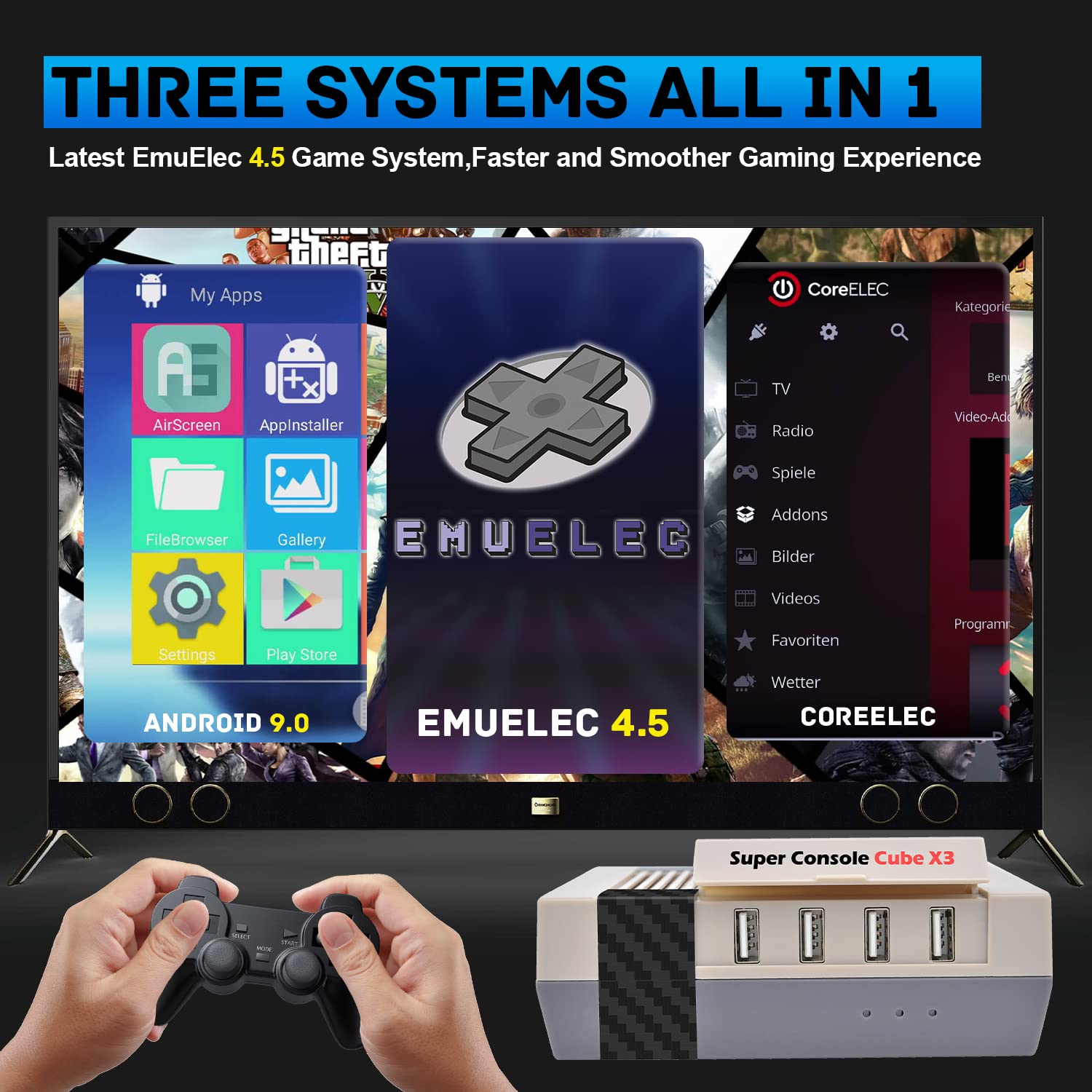 Kinhank Retro Game Console with 100000+Games,Super Console CUBE X3 Video Game Console with EmuElec 4.5/Android 9/CoreE,8K Output,2.4+5G,BT 4.0,Emulator Console Compatible with Most Emulators,Best Gift