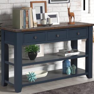 YWUFUART 48 Inch Solid Wood-Console Table-Sofa Table-Storage Cabinet with 3 Drawers and 2 Shelves for Entryway Hallway Living Room (Blue)