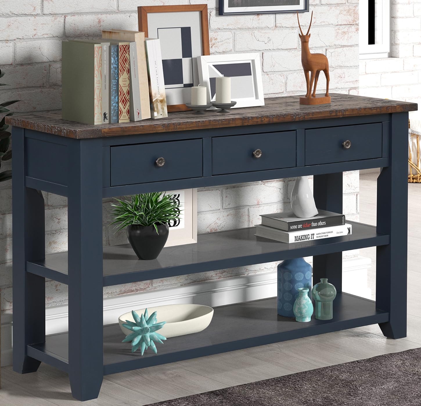 YWUFUART 48 Inch Solid Wood-Console Table-Sofa Table-Storage Cabinet with 3 Drawers and 2 Shelves for Entryway Hallway Living Room (Blue)