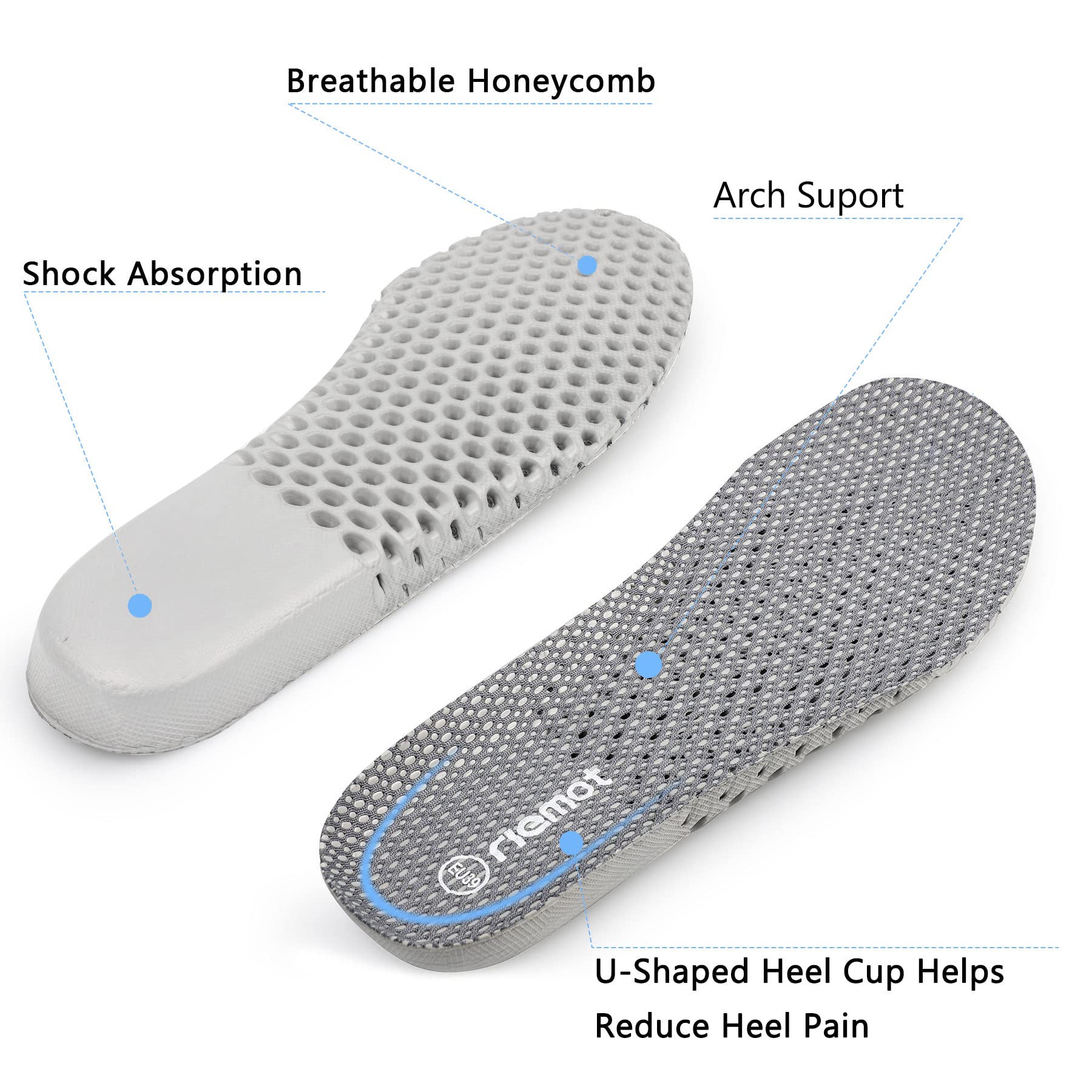 riemot Men's Shoe Insoles, Breathable Honeycomb Design Sport Shoe Insoles with Arch Support Cushioning Shoe Inserts Replacement Innersoles for Water Shoes Sneakers Work Shoes Grey EU 45 /US 12