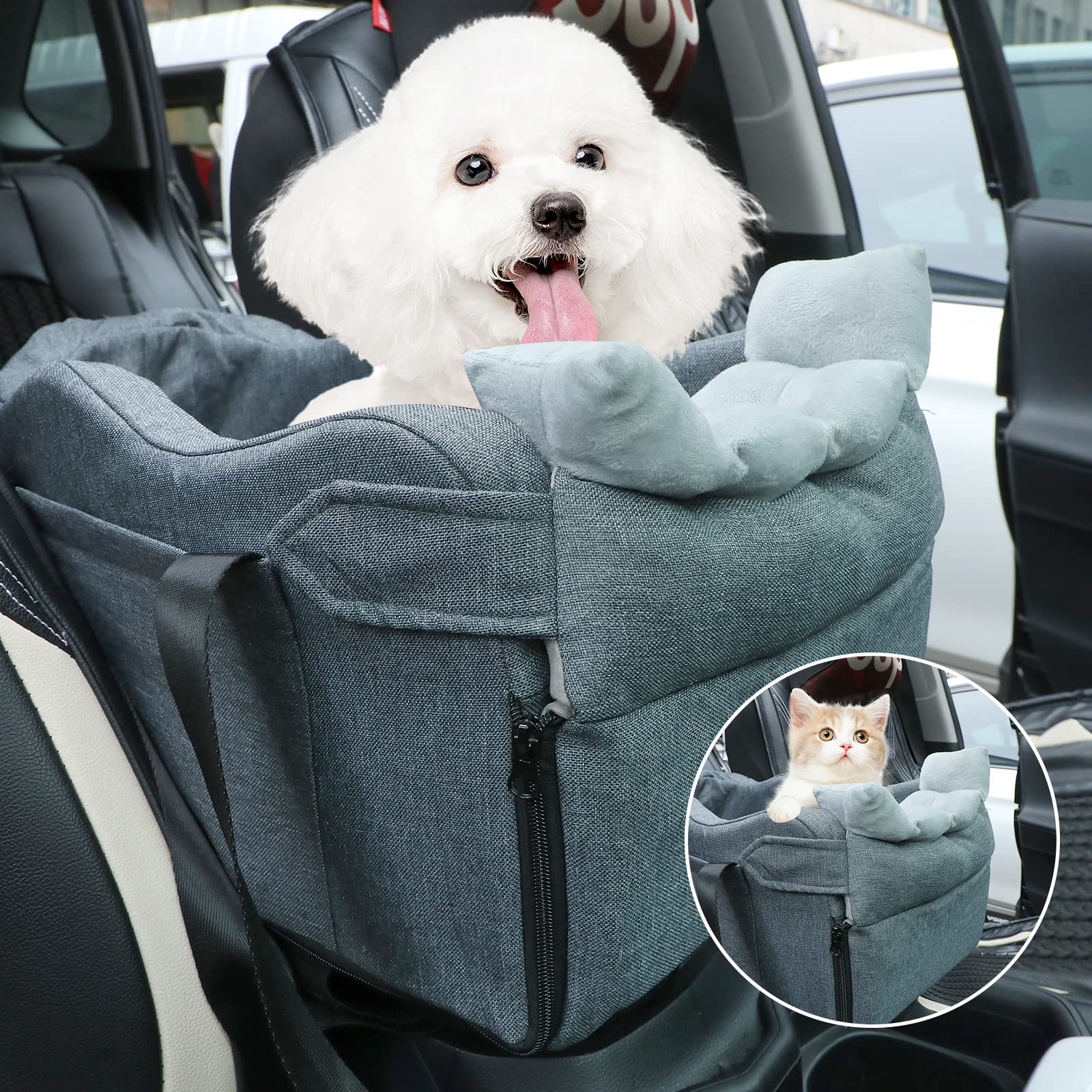 Dog Car Seat for Small Dogs Center Console Pet Booster Seat for Car Armrest Car Seat Middle Console Puppy Seat(Gray-waves Edge)