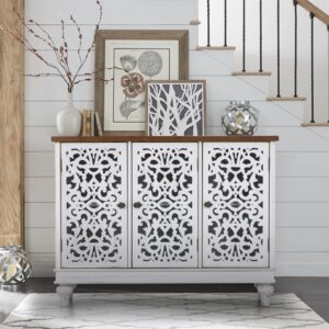 sophia & william sideboard and buffet with storage, 3-door hollow-carved accent cabinet, distressed wood storage cabinet cupboard for kitchen, dining room, living room, entryway, white